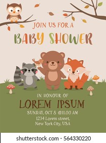 Cute woodland animals illustration for baby shower invitation card design template