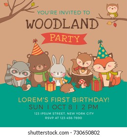 Cute woodland animals illustration for party invitation card template