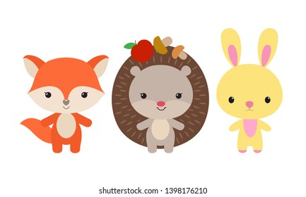 Cute woodland animals isolated on white background. Funny cartoon characters. Fox, hedgehog and rabbit. Spring bunny. Red foxy. Kawaii vector illustration. Childish design for kids print, card, cloth.