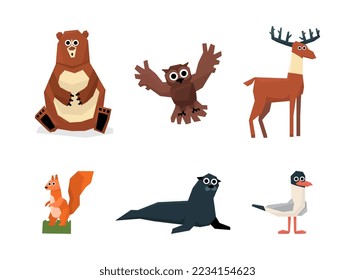 Cute Woodland Animals with Owl, Bear, Squirrel, Deer, Seagull and Seal Vector Set