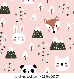 cute woodland animals panda, fox, polar bear, hare scandinavian pink forest with trees and pines, mountains. Kids fabrics boho print seamless pattern design.