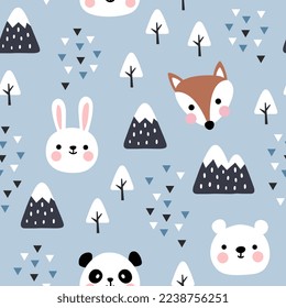 cute woodland animals panda, fox, polar bear, hare scandinavian blue forest with trees and pines, mountains. Kids fabrics boho print seamless pattern design.