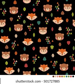 Cute woodland animals pattern with fall leaves and triangle
