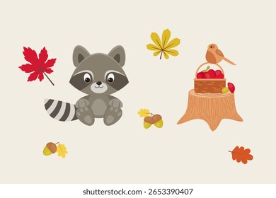 Cute woodland animals with raccoon bird basket of apples acorns and autumn leaves on beige background, fall forest vector illustration, hand drawn clipart design