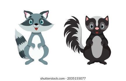 Cute Woodland Animals with Raccoon and Skunk Vector Set