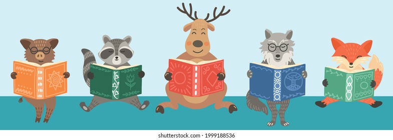 Cute woodland animals read books. Children's vector illustration. Kids' library concept. Storytime.