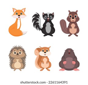 Cute Woodland Animals with Red Fox, Skunk, Beaver, Hedgehog, Squirrel and Mole Vector Set