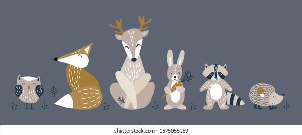 Cute woodland animals in scandinavian style. Set of nice baby shower nordic characters on dark background. Flat vector illustration.