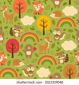 Cute woodland animals seamless pattern with autumn background.