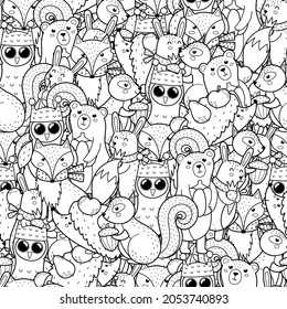 Cute woodland animals seamless pattern for coloring book. Autumn forest characters black and white coloring page. Backdrop with squirrel, owl, fox, bear, rabbit and other. Vector illustraaaaaation