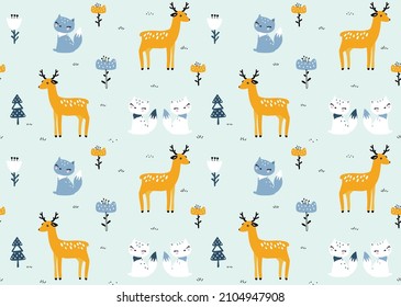 Cute woodland animals seamless pattern background  with deer and fox. vector hand drawn background in Scandinavian style. Perfect for wallpapers, fabric, textile. Pastel colors.