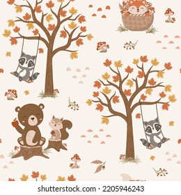 Cute Woodland Tiere nahtlos Muster mit Herbstwaldhintergrund. Cute Cartoon Fuchs, Racon, Bär, Eichhörnchen. Design für Hintergrund, Tapete, Stoff und all Ihr kreatives Projekt.