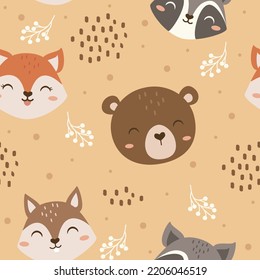 Cute Woodland Animals seamless pattern. Cartoon Animals Backgrund. Cute Cartoon fox, racoon, bear, squirrel. design for background, wallpaper, fabric, and all your creative project.