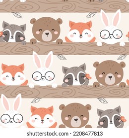 Cute Woodland Animals seamless pattern. Cartoon Animals Background. Cute Cartoon fox, racoon, bear, rabbit. design for wrapping, textile, wallpaper, apparel , fabric, and all your creative project