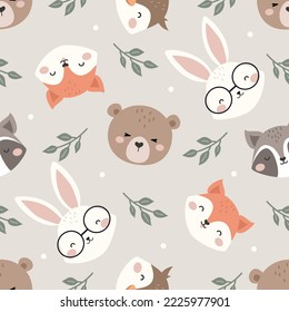 Cute Woodland Animals sin fisuras. Fondo de los Animales de Caricatura Infantil. El zorro de dibujos animados, el mapache, el oso, el conejo y el búho. diseño para fondo, papel pintado, tela, textil y más.