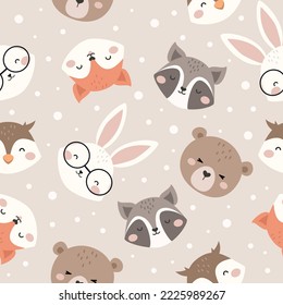 Cute Woodland Animals seamless pattern. Childish Cartoon Animals Background. Cute Cartoon fox, racoon, bear, rabbit, and owl. design for background, wallpaper, fabric, textile and more.