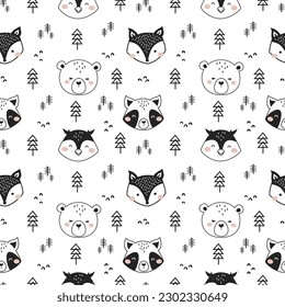 Cute Woodland Animals seamless pattern. Doodle Black and White Cartoon Animals Background. Cute Cartoon fox, racoon, bear, rabbit, and owl. design for background, wallpaper, fabric, textile and more.
