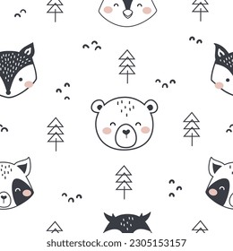 Cute Woodland Animals seamless pattern. Doodle Black and White Cartoon Animals Background. Cute Cartoon fox, racoon, bear, rabbit, and owl. design for background, wallpaper, fabric, textile and more.