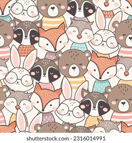 Cute Woodland Animals seamless pattern. Childish Cartoon Animals Background. Cute Cartoon fox, racoon, bear, rabbit, squirrel, and owl. design for background, wallpaper, fabric, textile and more.