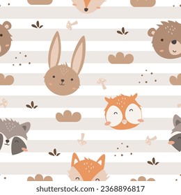Cute Woodland animals seamless pattern. Hand drawn Cartoon Animals Background. Cute Cartoon fox, raccoon, bear,owl, rabbit. Vector illustration