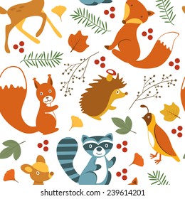Cute woodland animals seamless pattern. vector illustration