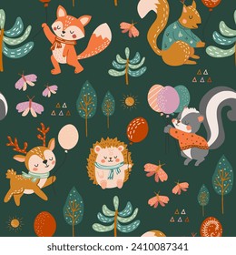 Cute woodland animals seamless pattern. Baby pattern for fabric. Deer, squirrel,fox, skunk, butterflies, forest, trees. Creative print for fabric, children's room.Nursery pattern in flat cartoon style