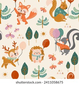 Cute woodland animals seamless pattern. Baby pattern for fabric. Deer, squirrel, fox, skunk, butterflies, forest, trees. Creative print for fabric, children's room. Nursery pattern in flat style. 