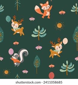 Cute woodland animals seamless pattern. Baby pattern for fabric. Deer, squirrel, fox, skunk, trees. Interesting print for fabric, children's room. Nursery pattern in flat style. Green background. 