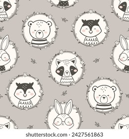 Lindo Woodland Animales patrón sin fisuras. Fondo De Animales De Dibujos Animados. Dibujos animados lindo mapache, oso, conejo y búho. diseño para el fondo, papel pintado, tela, textil y más. Formatos vectoriales