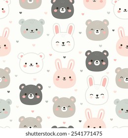 Lindos animales del bosque sin patrón. Fondo infantil de animales de dibujos animados. Lindo oso de dibujos animados y conejo. diseño para ropa de niños, papel de embalaje, Fondo de pantalla, tela, textil y más.