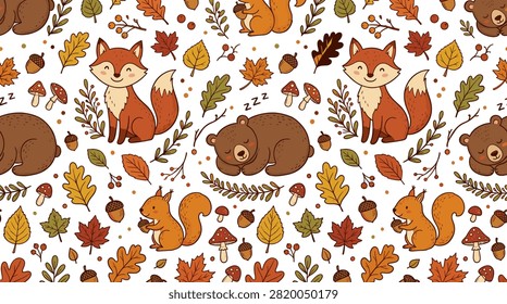 Cute Woodland Animals Seamless Pattern with Fox, Bear, Squirrel and Autumn Leaves
