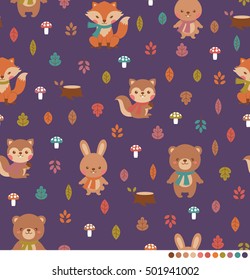 Cute woodland animals seamless pattern background