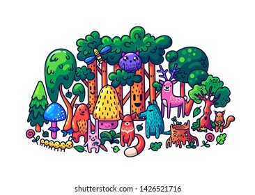Cute woodland animals set in doodle style. May be used as sticker, coloring, badge, print or in another project. Vector illustration.