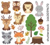 Cute Woodland Animals Set and Forest Elements. Colorful adorable vector illustration in flat style. Bear, raccoon, rabbit, fox, deer, owl, squirrel, acorn, tree stump, hedgehog, mushroom, berries.