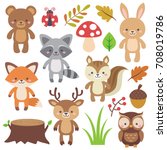 Cute Woodland Animals Set and Forest Elements. Colorful adorable vector illustration in flat style. Bear, raccoon, rabbit, fox, deer, owl, squirrel, acorn, log, leaves, lady bug, mushroom, ferns.