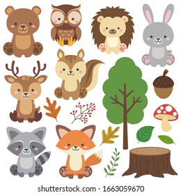 Cute Woodland Animals Set and Forest Elements. Colorful adorable vector illustration in flat style. Bear, raccoon, rabbit, fox, deer, owl, squirrel, acorn, tree stump, hedgehog, mushroom, berries.