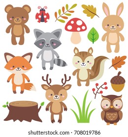Cute Woodland Animals Set And Forest Elements. Colorful Adorable Vector Illustration In Flat Style. Bear, Raccoon, Rabbit, Fox, Deer, Owl, Squirrel, Acorn, Log, Leaves, Lady Bug, Mushroom, Ferns.