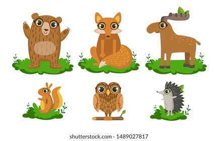 Cute Woodland Animals Set, Owl, Hedgehog, Bear, Fox, Moose Vector Illustration