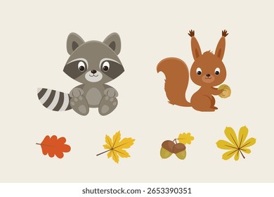 Cute woodland animals set with raccoon squirrel acorns and autumn leaves on beige background, fall forest vector illustration, hand drawn clipart design