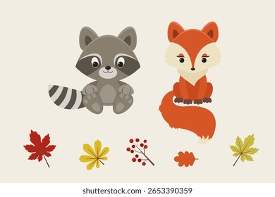 Cute woodland animals set with raccoon fox autumn leaves and berries on beige background, fall forest vector illustration, hand drawn clipart design
