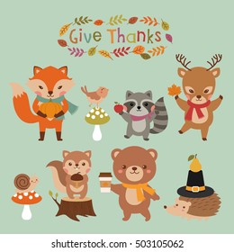 Cute woodland animals set for thanksgiving day design