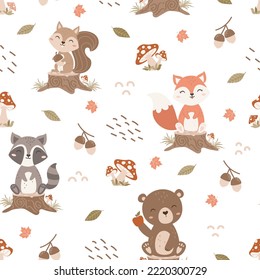 Cute Woodland animals sitting on stump seamless pattern in autumn forest background. Hand drawn Cartoon Animals Background. Cute Cartoon fox, racoon, bear, squirrel. 