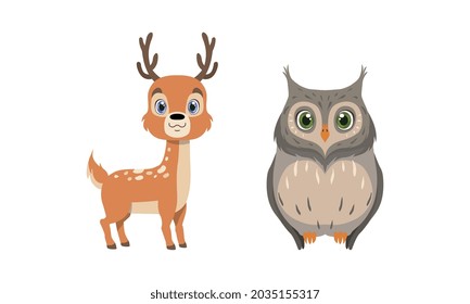 Cute Woodland Animals with Spotted Deer and Owl Vector Set