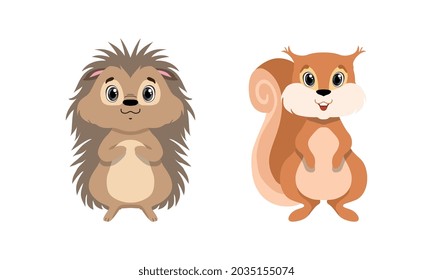 Cute Woodland Animals with Squirrel and Hedgehog Vector Set