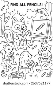 Cute woodland animals study outdoors in a black-and-white coloring page. Hidden pencils create a fun search activity for kids.