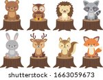 Cute Woodland Animals Vector Set sitting on a tree stump. Forest animal cartoon graphic clip art. Colorful adorable illustration flat style. Bear, raccoon, rabbit, fox, deer, owl, squirrel, hedgehog.