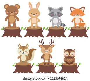 Cute Woodland Animals Vector Set Standing On A Tree Log. Forest Animal Cartoon Graphic Clip Art. Colorful Adorable Illustration In Flat Style. Bear, Raccoon, Rabbit, Fox, Deer, Owl, Squirrel.