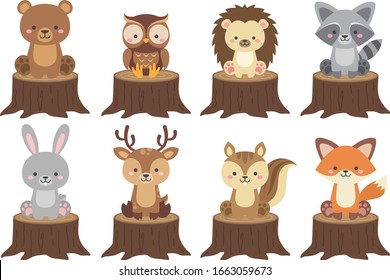 Cute Woodland Animals Vector Set sitting on a tree stump. Forest animal cartoon graphic clip art. Colorful adorable illustration flat style. Bear, raccoon, rabbit, fox, deer, owl, squirrel, hedgehog.