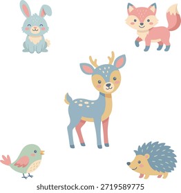 Um bonito conjunto de vetores de animais da floresta com veados, coelhos, raposas, pássaros e ouriços em estilo de ilustração pastel plano. Perfeito para livros infantis, materiais educacionais, decoração infantil, cartazes e projetos digitais.