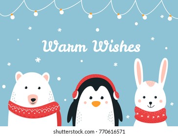 Cute Woodland Animals. Warm Wishes Christmas And Winter Holiday Vector Card